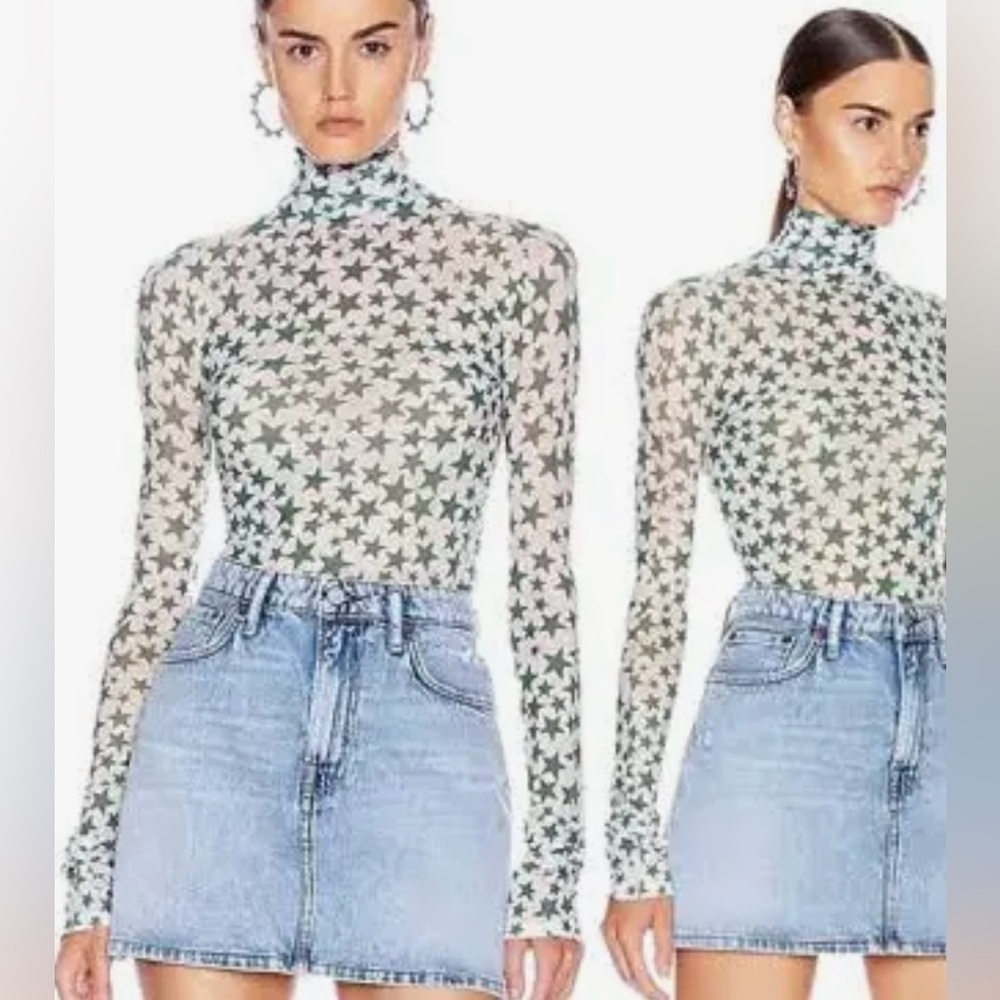 La’ Ros Star Mesh Turtleneck Top Green White Lightweight S/M